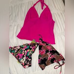Old navy Victoria secret Vibrant Pink Halter Top with 2 Floral Bikini Bottoms
